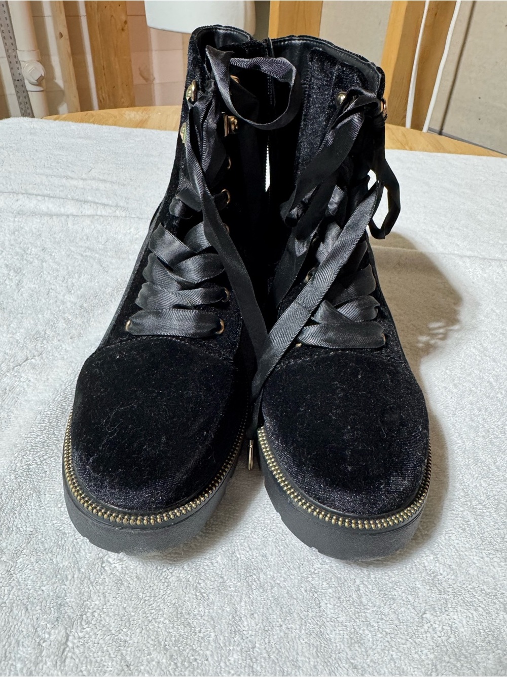 Black Velvet Lace-Up Ankle Boots with Ribbon Laces